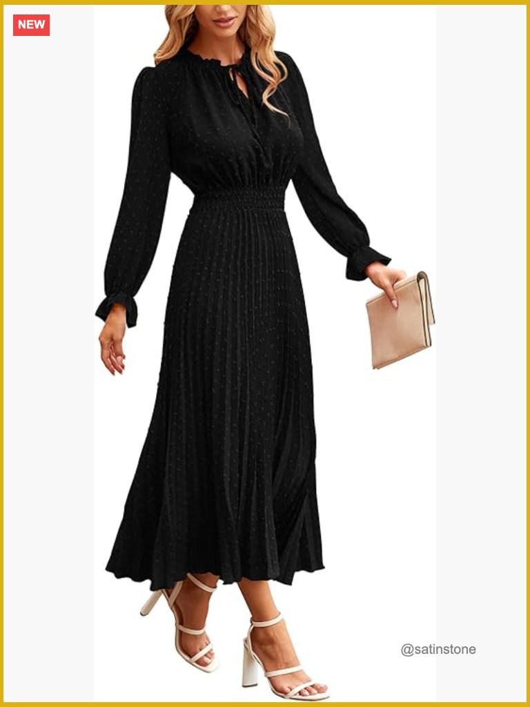 Long Sleeve V Neck Swiss Dot Midi Dress - A Line Flowy